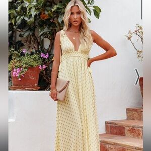 Vici- Majestic Metallic Detailed Maxi Dress pale yellow with golden swiss dots